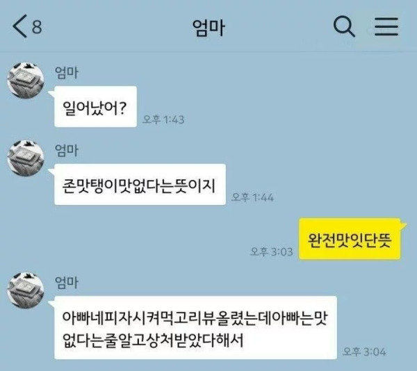 피자 리뷰가 맛없다는 뜻인줄 알고 상처받은 아빠