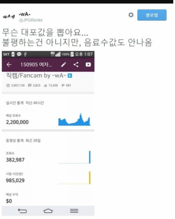 50만 구독자수를 보유한 유투버 채널 수익