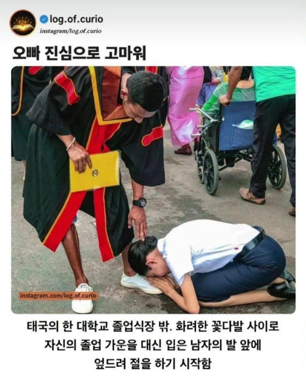 대학 졸업식날 오빠에게 절하는 여동생