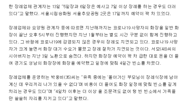 코로나 사망 폭증에 화장터도 부족