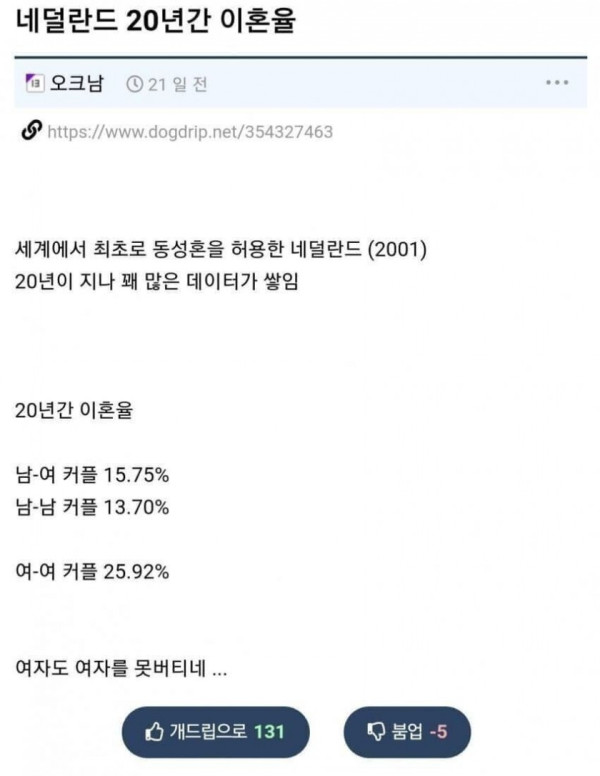 네덜란드 동성결혼 이혼률