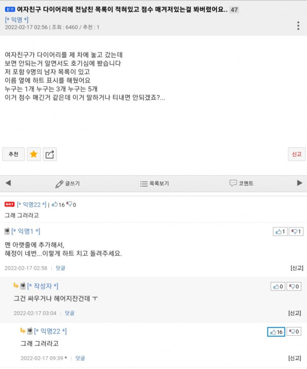 여자친구 다이어리에 전남친 목록..