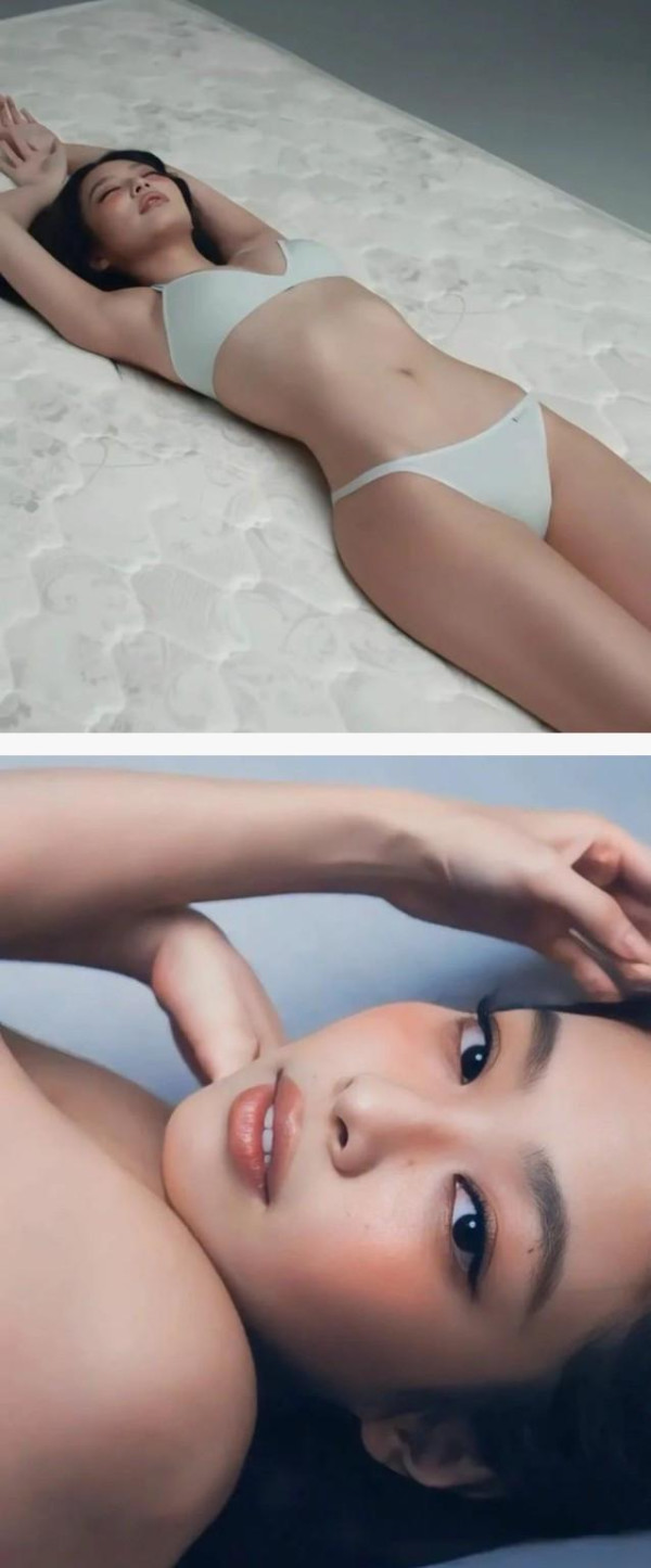 흰 속옷 입고 침대에 누은 블랙핑크 제니