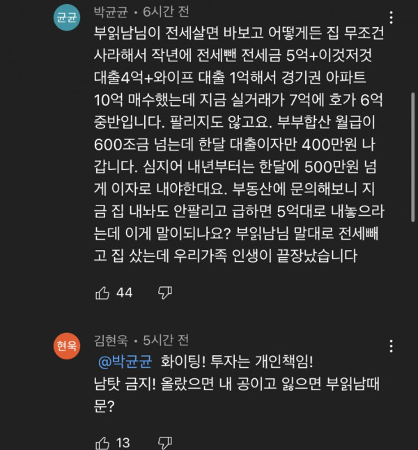 부동산 유튜버 댓글 근황