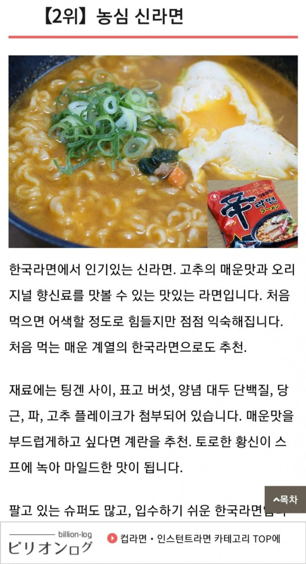 일본인이 평가한 한국라면 순위