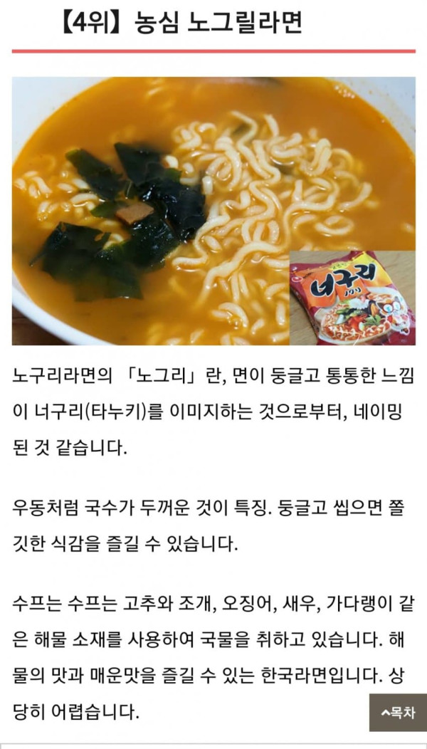 일본인이 평가한 한국라면 순위