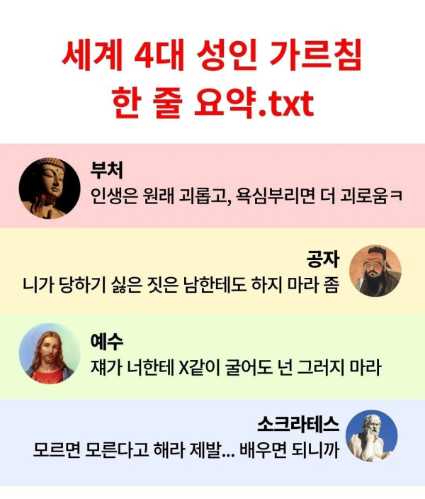 세계 4대 성인 가르침 한줄 요약