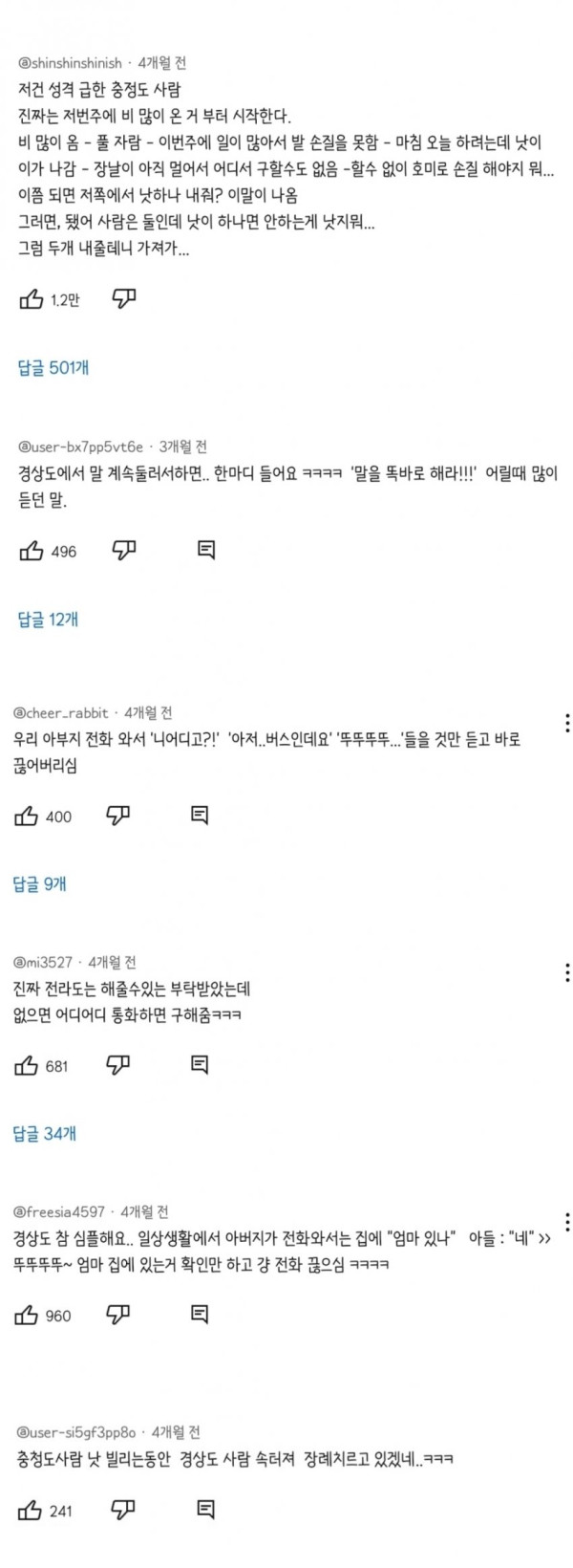 경상도, 전라도, 충청도 물건 빌릴 때 특징