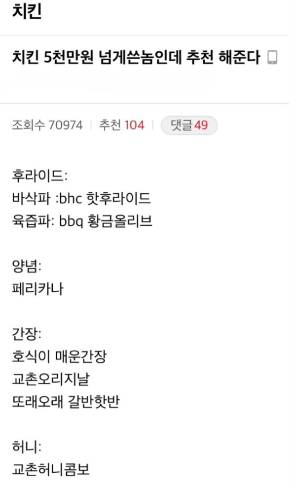 치킨에 5000만원 넘게쓴 사람의 추천 목록